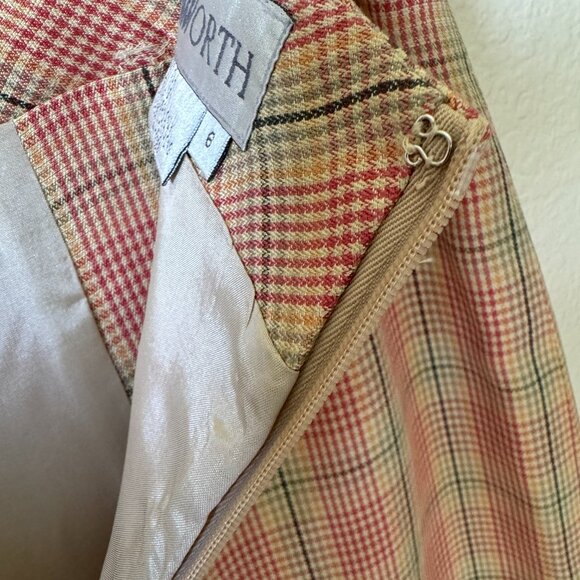 Vtg Worth Silk Linen Blend Skirt Plaid Faux Wrap Side Zip Lined Light Academia - Picture 12 of 15